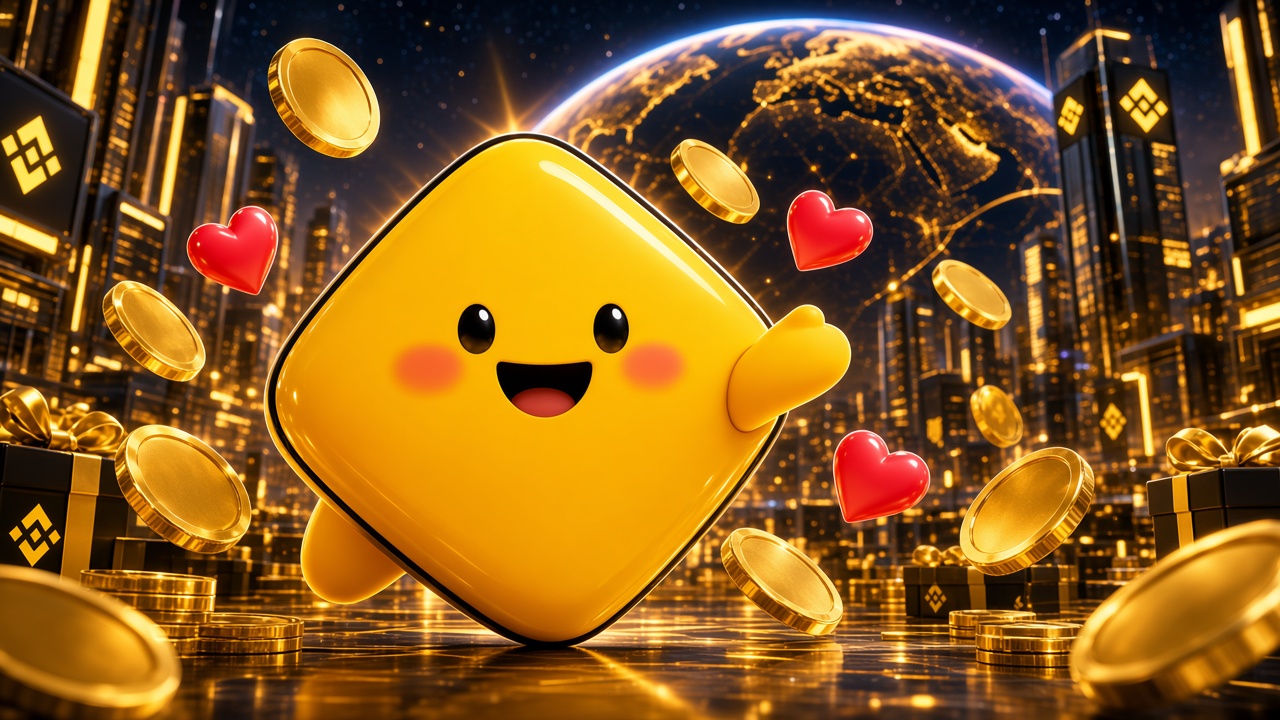 Close-up of Binance Bibi, the yellow diamond, waving among gold coins